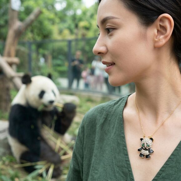 Unbranded Jewelry - PANDA BEAR Pendant Necklace NEW Black White Rhinestone Green Eyes Gold Chain NWT